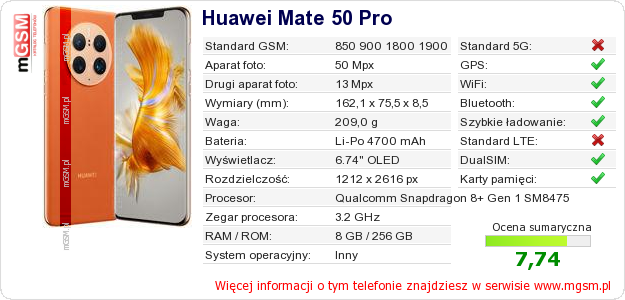Dane telefonu Huawei Mate 50 Pro Dane telefonu Huawei Mate 50 Pro