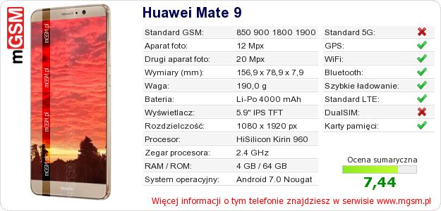 Dane telefonu Huawei Mate 9 Dane telefonu Huawei Mate 9