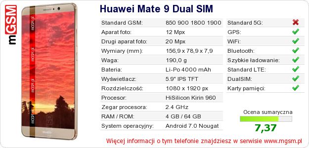 Dane telefonu Huawei Mate 9 Dual SIM