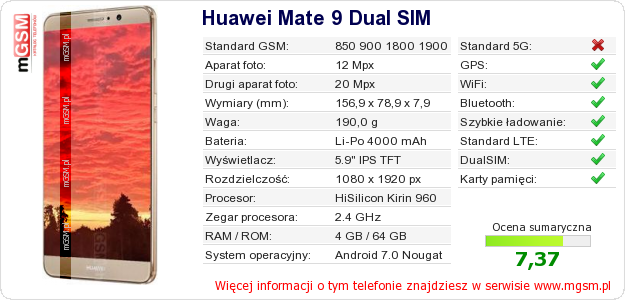 Dane telefonu Huawei Mate 9 Dual SIM