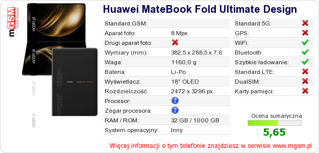 Dane telefonu Huawei MateBook Fold Ultimate Design
