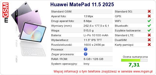 Dane telefonu Huawei MatePad 11.5 2025