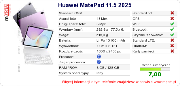 Dane telefonu Huawei MatePad 11.5 2025