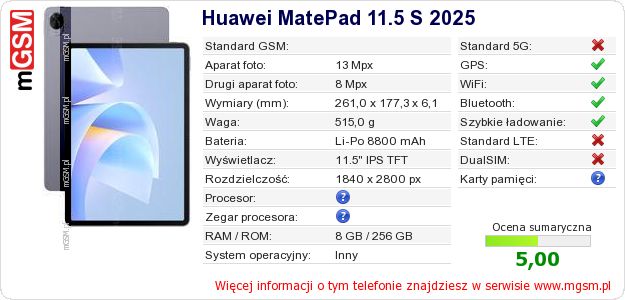 Dane telefonu Huawei MatePad 11.5 S 2025