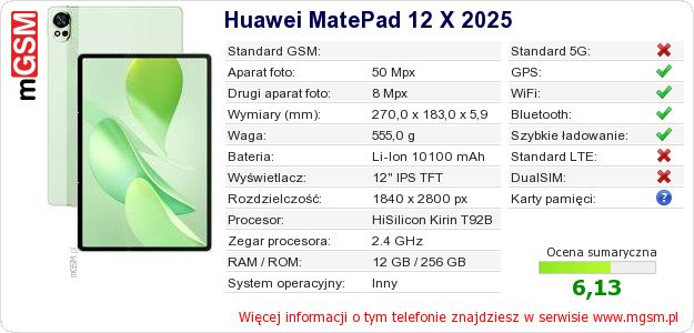 Dane telefonu Huawei MatePad 12 X 2025 Dane telefonu Huawei MatePad 12 X 2025