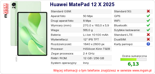 Dane telefonu Huawei MatePad 12 X 2025