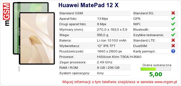 Dane telefonu Huawei MatePad 12 X