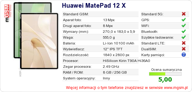 Dane telefonu Huawei MatePad 12 X