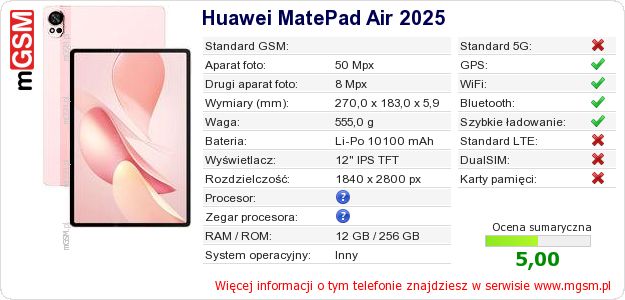 Dane telefonu Huawei MatePad Air 2025