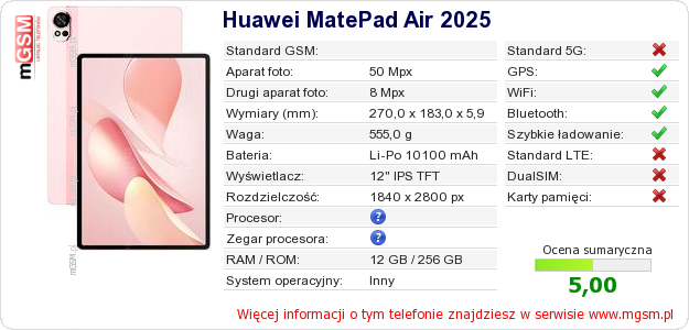 Dane telefonu Huawei MatePad Air 2025
