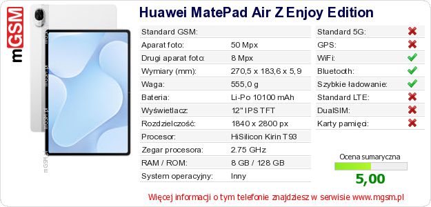 Dane telefonu Huawei MatePad Air Z Enjoy Edition Dane telefonu Huawei MatePad Air Z Enjoy Edition