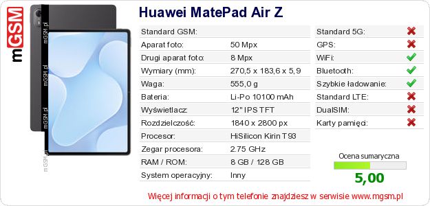 Dane telefonu Huawei MatePad Air Z Dane telefonu Huawei MatePad Air Z