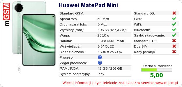 Dane telefonu Huawei MatePad Mini