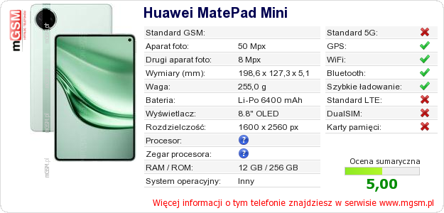 Dane telefonu Huawei MatePad Mini