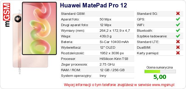 Dane telefonu Huawei MatePad Pro 12 Dane telefonu Huawei MatePad Pro 12
