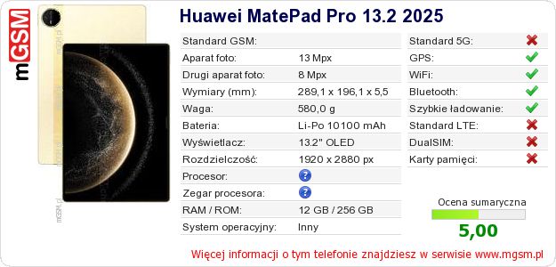 Dane telefonu Huawei MatePad Pro 13.2 2025