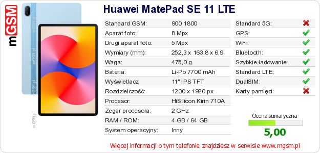 Dane telefonu Huawei MatePad SE 11 LTE Dane telefonu Huawei MatePad SE 11 LTE