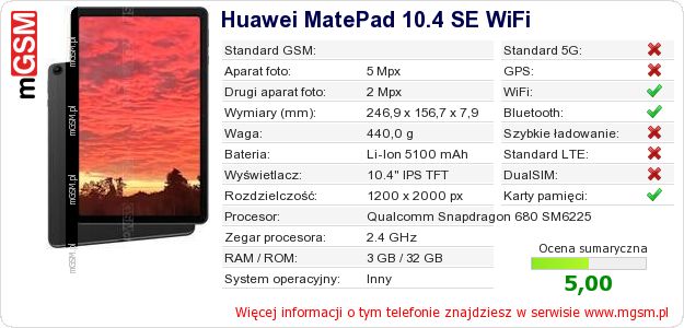 Dane telefonu Huawei MatePad 10.4 SE WiFi