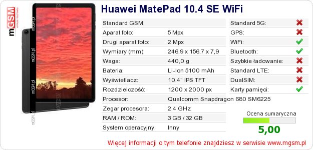 Dane telefonu Huawei MatePad 10.4 SE WiFi