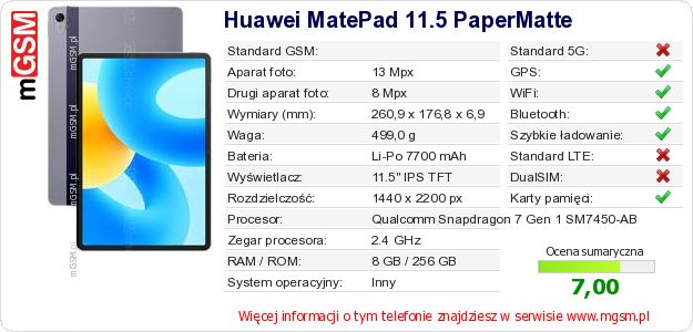 Dane telefonu Huawei MatePad 11.5 PaperMatte Dane telefonu Huawei MatePad 11.5 PaperMatte
