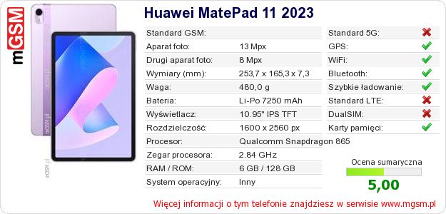 Dane telefonu Huawei MatePad 11 2023 Dane telefonu Huawei MatePad 11 2023