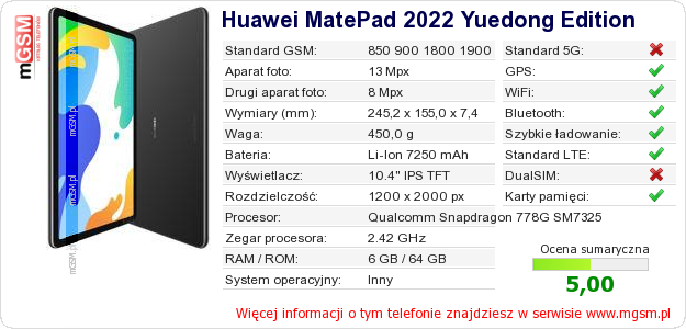 Dane telefonu Huawei MatePad 2022 Yuedong Edition