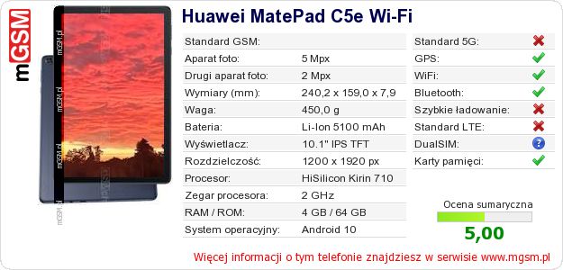 Dane telefonu Huawei MatePad C5e Wi-Fi Dane telefonu Huawei MatePad C5e Wi-Fi