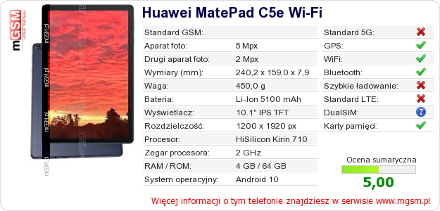 Dane telefonu Huawei MatePad C5e Wi-Fi