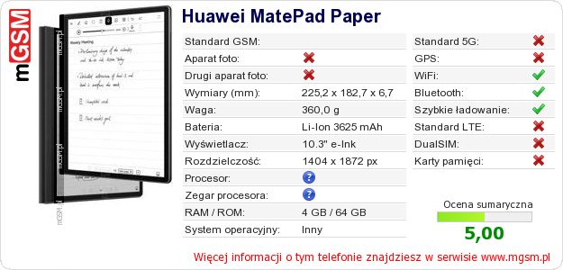 Dane telefonu Huawei MatePad Paper Dane telefonu Huawei MatePad Paper