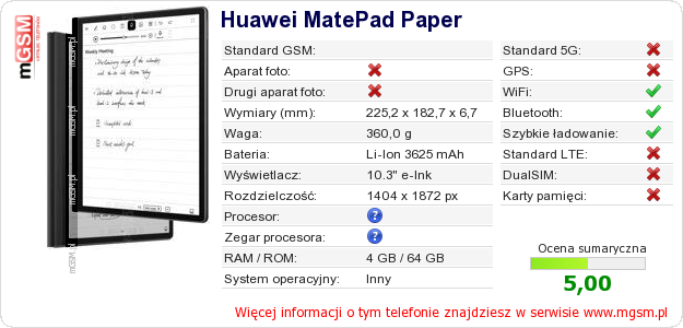 Dane telefonu Huawei MatePad Paper