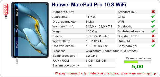 Dane telefonu Huawei MatePad Pro 10.8 WiFi