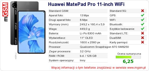 Dane telefonu Huawei MatePad Pro 11-inch WiFi