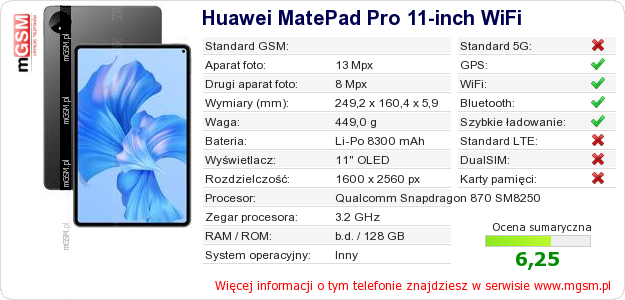 Dane telefonu Huawei MatePad Pro 11-inch WiFi