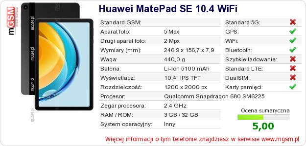 Dane telefonu Huawei MatePad SE 10.4 WiFi
