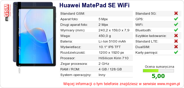 Dane telefonu Huawei MatePad SE WiFi