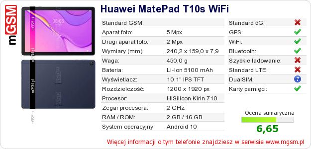 Dane telefonu Huawei MatePad T10s WiFi