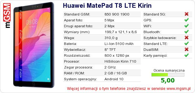 Dane telefonu Huawei MatePad T8 LTE Kirin
