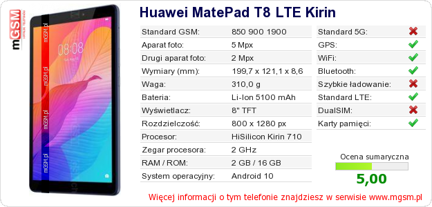 Dane telefonu Huawei MatePad T8 LTE Kirin