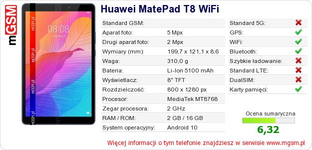 Dane telefonu Huawei MatePad T8 WiFi Dane telefonu Huawei MatePad T8 WiFi