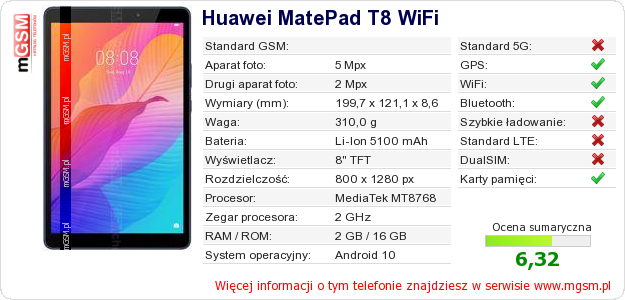 Dane telefonu Huawei MatePad T8 WiFi