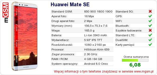 Dane telefonu Huawei Mate SE