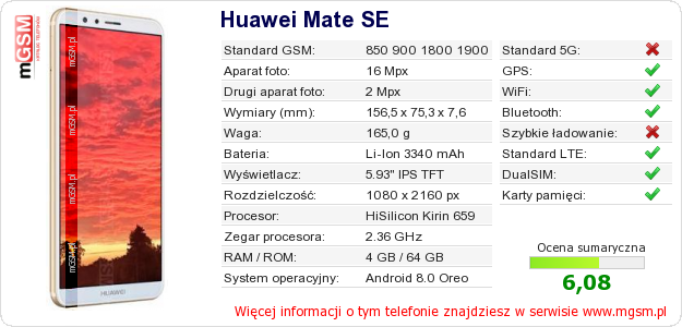 Dane telefonu Huawei Mate SE Dane telefonu Huawei Mate SE