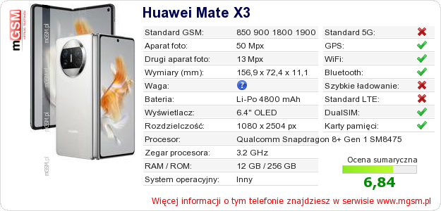 Dane telefonu Huawei Mate X3 Dane telefonu Huawei Mate X3