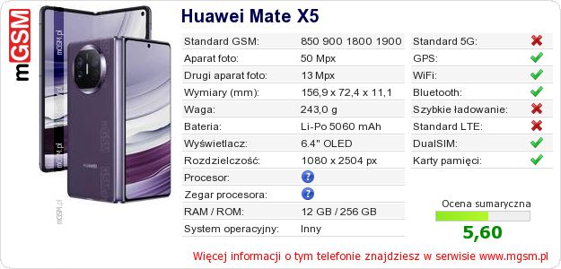 Dane telefonu Huawei Mate X5 Dane telefonu Huawei Mate X5