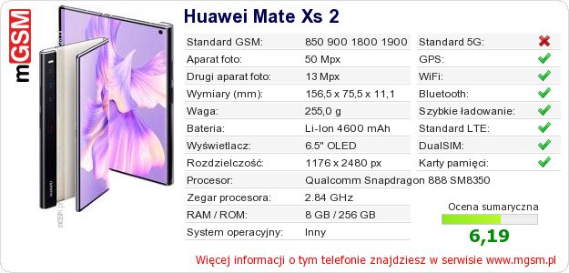 Dane telefonu Huawei Mate Xs 2 Dane telefonu Huawei Mate Xs 2