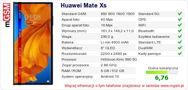 Dane telefonu Huawei Mate Xs Dane telefonu Huawei Mate Xs