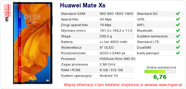 Dane telefonu Huawei Mate Xs Dane telefonu Huawei Mate Xs