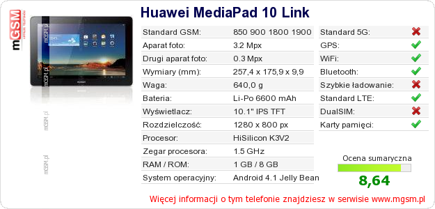 Dane telefonu Huawei MediaPad 10 Link