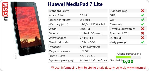 Dane telefonu Huawei MediaPad 7 Lite Dane telefonu Huawei MediaPad 7 Lite