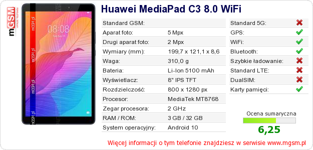 Dane telefonu Huawei MediaPad C3 8.0 WiFi